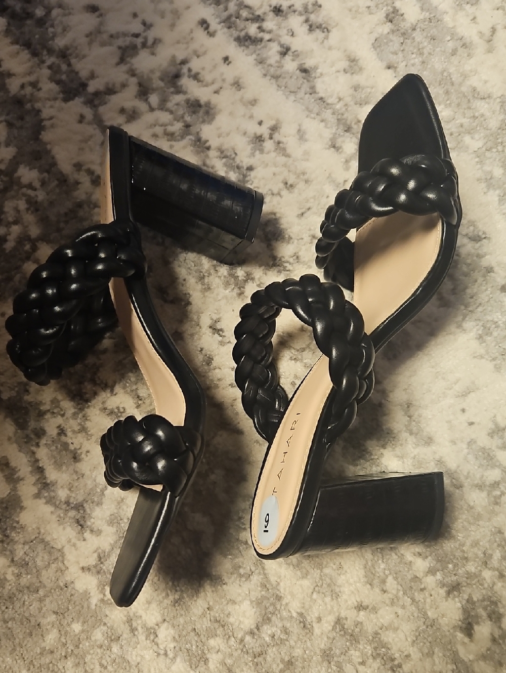 Tahari Black Braided Double-Strap Slide Mules - Picture 2 of 5